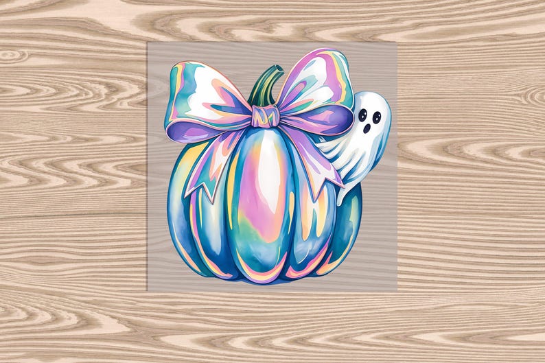 May include: A blue iridescent pumpkin with a purple and white bow and a white ghost peeking out from behind the bow.