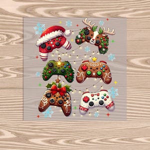 May include: A festive illustration features six game controllers with a Christmas theme. Designs include a Santa hat, reindeer, and controllers decorated as Christmas trees and gingerbread. Snowflakes and string lights add to the holiday cheer.