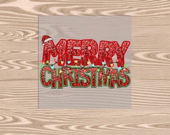 Könnte beinhalten: Roter Glitzer-Text "Frohe Weihnachten" mit einem Weihnachtsmann-Hut und einer Lichterkette.
