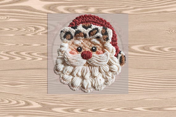 Ready to Press DTF Transfer-Leopard Hat Santa :Faux Yarn & Embroidered Texture Effect