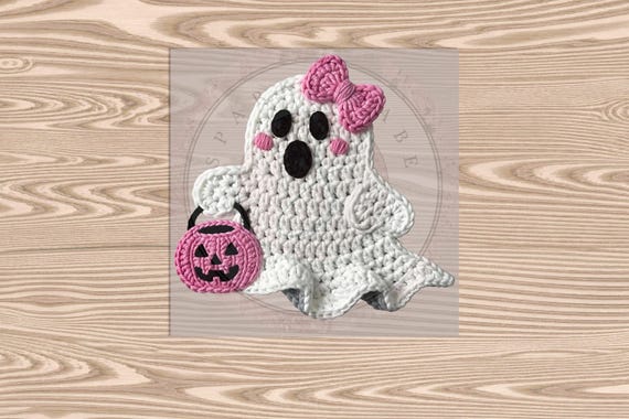 Pink Bucket Ghost DTF Transfer- (Faux yarn, latch hook, and embroidered texture effects) Ready to Press