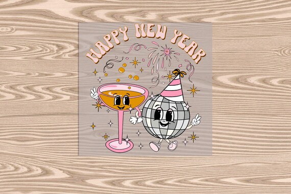 Ready to Press, Happy New Year Disco Ball and Champagne, heat transfer print, DTF Transfer Print