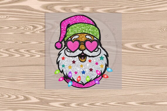 Ready to Press, Santa Glitter Beard with Christmas Lights, Merry Christmas, heat transfer print (faux glitter look), DTF Transfer Print
