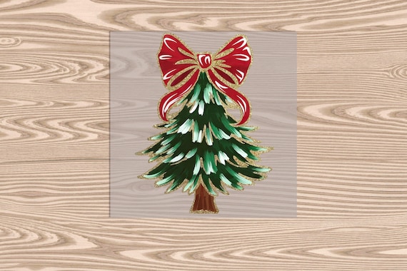 Ready to Press, Green Christmas Tree Red Bow, Christmas, heat transfer print, DTF Transfer Print