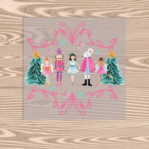 May include: A watercolor illustration of a Nutcracker, a mouse, and three ballerinas standing in front of two Christmas trees. The ballerinas are wearing pink tutus and the Nutcracker is wearing a red and gold uniform. The mouse is wearing a pink coat and a white hat.
