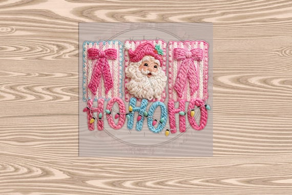 Ready to Press DTF Transfer-HoHoHo Pink Santa Coquette :Faux Yarn & Embroidered Texture Effect
