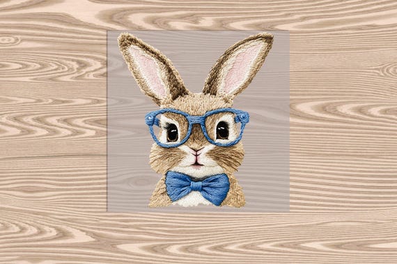 Ready to Press, Blue Bow Tie Bunny, heat transfer print (faux embroidery effect printed), DTF Transfer Print