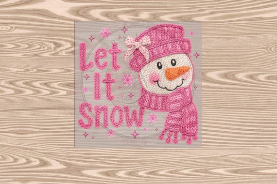 Ready to Press DTF Transfer-Pink Snowman :Faux Yarn, Embroidered Texture