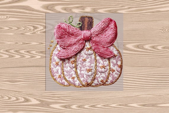Ready to Press DTF Transfer-Pink Pumpkin with Bow -Faux Yarn & Embroidered Texture Effect