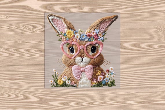 Ready to Press, Floral Crown Bunny, heat transfer print (faux embroidery effect printed), DTF Transfer Print