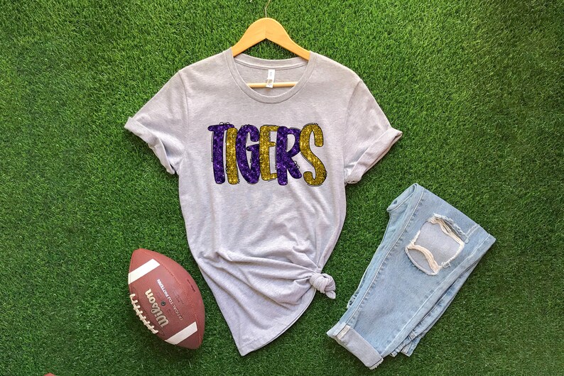 Ready to Press, Faux Sequin Tigers Purple and Gold, Heat Transfer Print