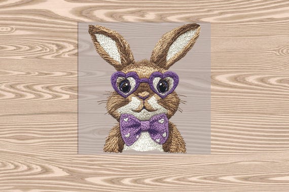 Ready to Press, Purple Heart Bow Tie Bunny, heat transfer print (faux embroidery effect printed), DTF Transfer Print