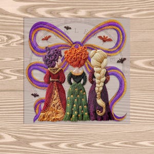 May include: A colorful illustration of three women in long dresses, with their backs to the viewer. The women have different hair colors: purple, orange, and blonde. A large purple and gold bow is behind them, with bats scattered around the image.