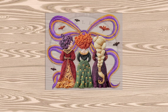 3 Witch Sistas Coquette DTF Transfer- (Faux yarn, latch hook, and embroidered texture effects) Ready to Press