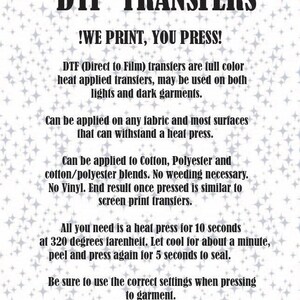 May include: A white background with a pattern of small, light blue stars. The text "DTF TRANSFERS" is in large, bold, black letters. The text below explains the product, including application instructions and fabric compatibility.
