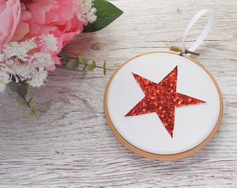 Red Glitter Decoration, Christmas Star Embroidery Hoop Ornament, Ruby Wedding Anniversary Gift, Glitter Wall Decor, Stocking Filler Under 15