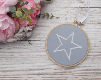 Star Embroidery Hoop Decoration, Grey and White Decor Wall Hanging, Monochrome Nursery Art, Baby Shower Gift Under 20, Kids Playroom Decor