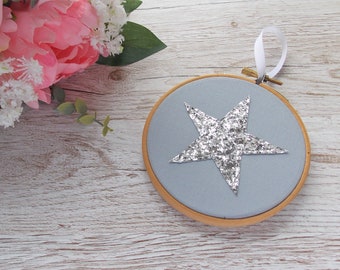 Silver Glitter Ornament, Grey Home Decor, Hanging Star Embroidery Hoop Decoration, Silver Anniversary Gift Under 20, Stocking Filler