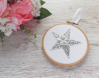 Silver Glitter Star Decoration, Embroidery Hoop Ornament, 25th Wedding Anniversary Gift, Grey Nursery Decoration, Teen Bedroom Decor,