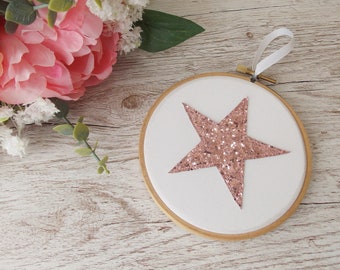 Rose Gold Glitter Decor, Embroidery Hoop Shelf Decoration, Star Wall Art, Rose Gold Wedding Bridesmaid Gift, Gift for Women
