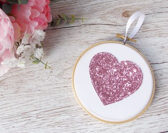 Pink Glitter Decoration, Teen Girl Bedroom Decor Pink Wall Hanging, Heart Ornament Shelf Accessory, Bridesmaid Present, Gift for Daughter