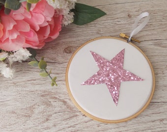 Light Pink Glitter Decoration, Embroidery Hoop Hanging Decor, Star Shelf Ornament, Pink Wall Art, Gift for Teen Girl, Girl Bedroom Decor