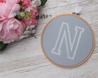 Grey and White Embroidery Hoop Name Decoration, Neutral Nursery Art, Unisex Baby Gift, Letter Wall Hanging Christening Gift, Grey Home Decor