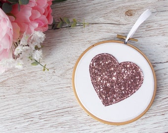 Rose Gold Glitter Heart Decoration Wall Hanging, Teenage Girl Bedroom Decor, Bridesmaid Present, Gift for Sister