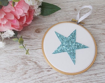 Blue Glitter Decoration, Embroidery Hoop Hanging Decoration, Star Ornament, Teen Bedroom Decor, Light Blue Wedding Bridesmaid Gift,