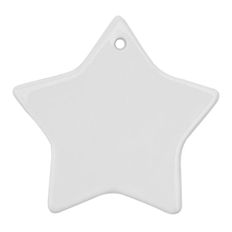 May include: White ceramic star-shaped ornament with a hole for hanging.