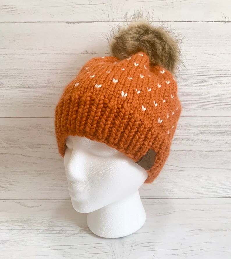 Pumpkin Knit Beanie Hat Mommy /& Me Set Orange Wool Alpaca Beanie with Faux Fur Pom Pom.