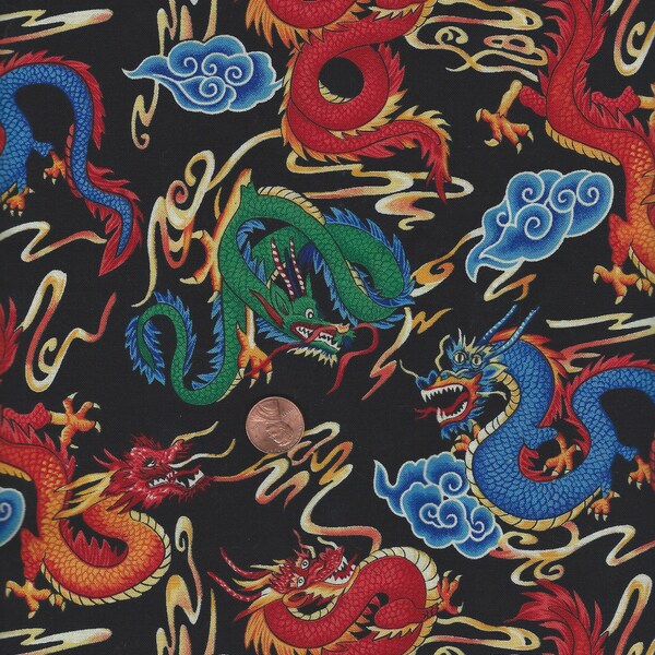 Vintage Fabric, Cotton Fabric, Fabric, Remnant, Fire Dragons Fabric,  48" Long  X 44" Wide