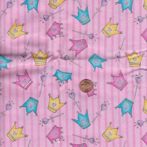 Vintage Fabric, Cotton Fabric, Fabric, Remnant,  Colorful Princess Fabric, Crowns Fabric, Whimsical Fabric, 33" Long  X 44" Wide