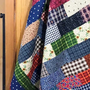 Handmade Twin Brick Wall Quilt, Patchwork Quilt, Twin Bedding, Twin Size Quilt, Twin Quilt, Blue Quilt , Red Quilt, Multicolored Quilt