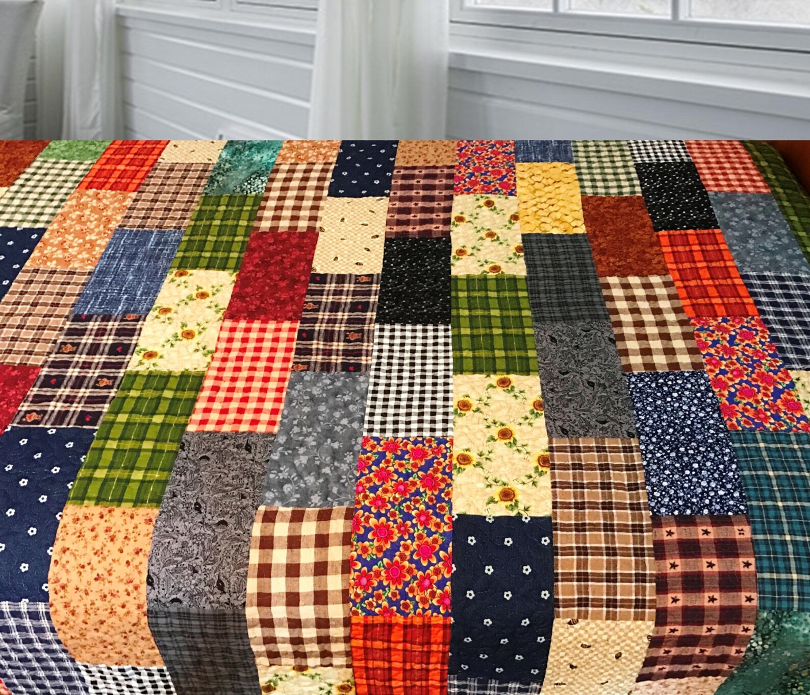 Handmade Twin Brick Wall Quilt, Patchwork Quilt, Twin Bedding, Twin