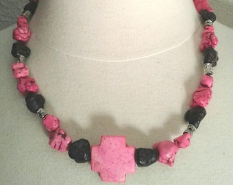 Handmade Pink and Black Turquoise Necklace Set, Dyed Turquoise Necklace and Earrings, Pink and Black Turquoise Necklace, Turquoise Earrings