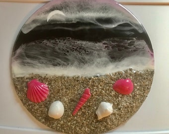 Resin Art, Ocean Scene Pink And White Shells, Resin Ocean Scenes, Resin Beach Scene Gifts, Ocean Scene Wall Hangings, Ocean Scenes Wall Art