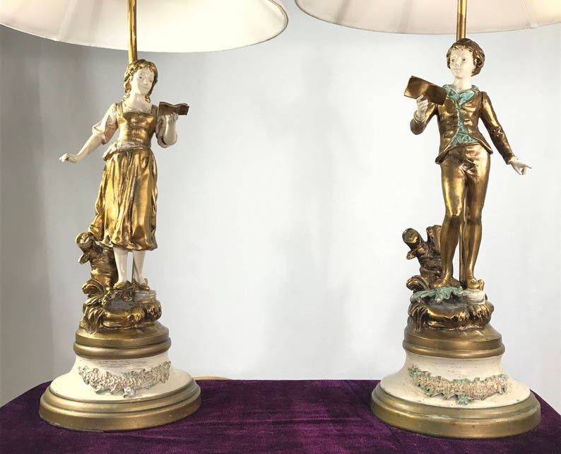 L&F Moreau Pair of Vintage Art Nouveau Spelter Lamps J.B. image 0