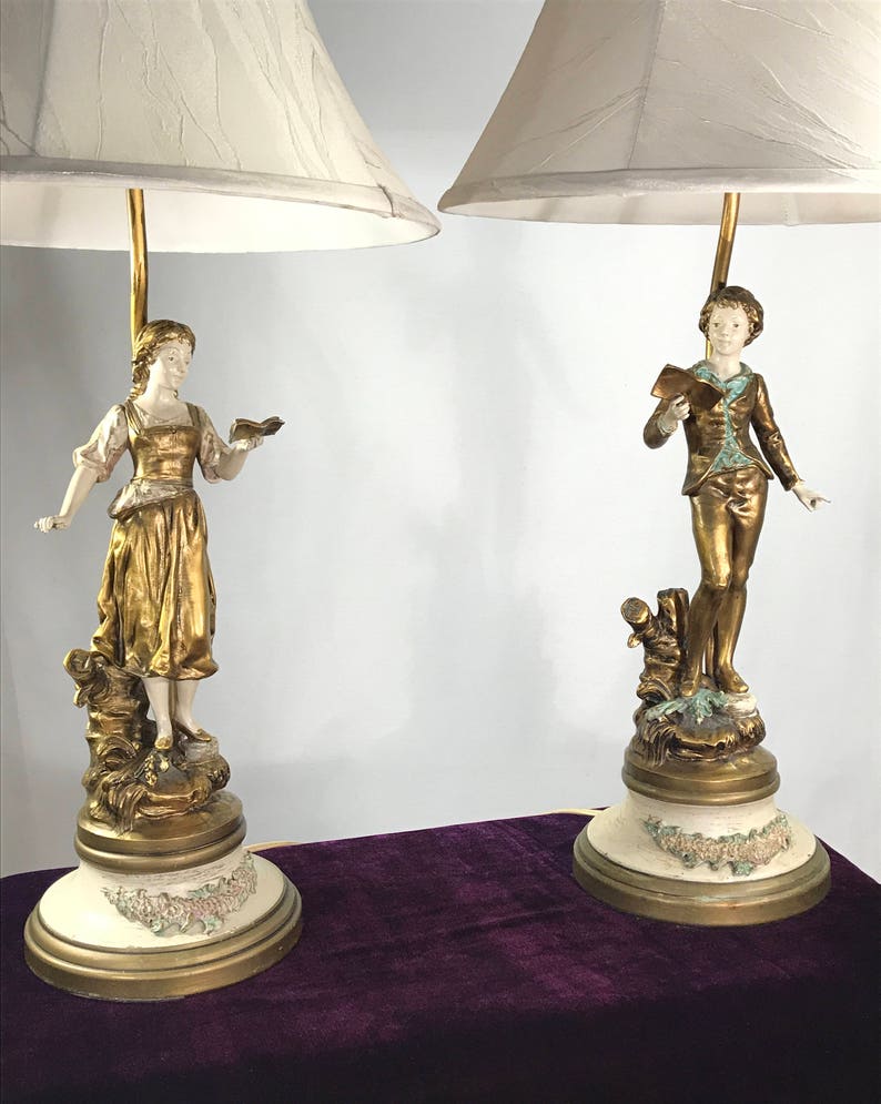 L&F Moreau Pair of Vintage Art Nouveau Spelter Lamps J.B. image 9
