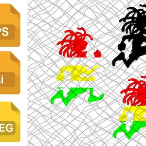 Puede incluir: Cuatro variaciones de una figura corriendo con rastas. La figura es de color negro, gris, rojo, amarillo y verde. La figura corre hacia la derecha.