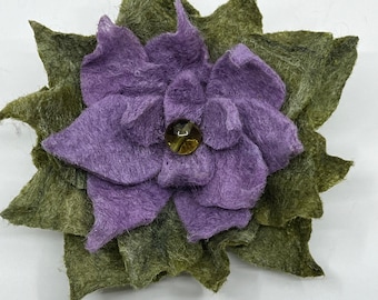 Felted brooch in lavender and moss green