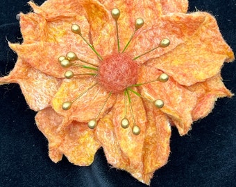 Felted brooch in shades of peach, pink, lavender and yellow with vintage millinery stamen