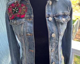 Upcycled denim jacket with "crazy quilt" sari silk beadwork