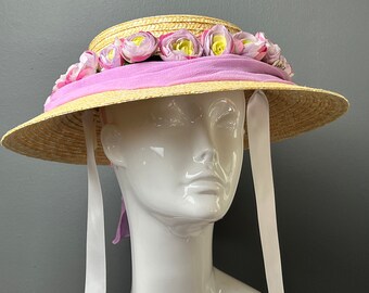 Straw boater "shepherdess" style hat with vintage millinery flowers