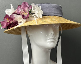 Straw boater or "Shepherdess" style hat with vintage flowers