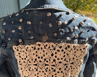 Upcycled Levi's long sleeved denim jacket with handmade lace and beadwork