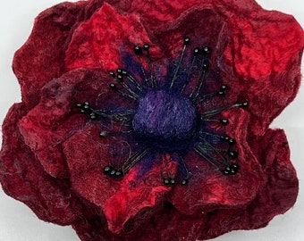 Felted brooch red and purple with vintage millinery stamen