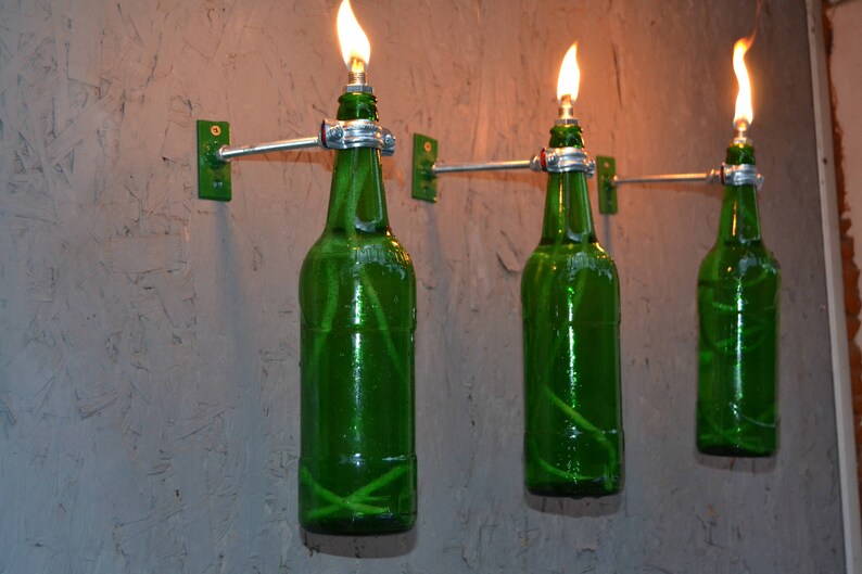 3 Green Beer Bottle Tiki Torches Garden Light Modern Etsy