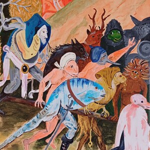Peut inclure: Une peinture colorée représentant un groupe de créatures fantastiques, certaines avec des traits humains, d'autres avec des têtes d'animaux, toutes portant un gros poisson bleu sur une poutre en bois. La peinture est réalisée dans un style médiéval avec des couleurs vives et des détails complexes.