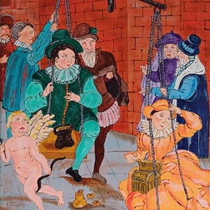 May include: A painting depicting a group of people in medieval clothing, with a scale in the center. A winged cherub with a bow and arrow is on the ground. The people are wearing colorful clothing, including green, blue, purple, and orange. There are gold coins on the ground.